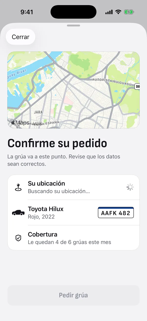 Pantalla Confirme su pedido con el mapa, el vehículo y la cobertura