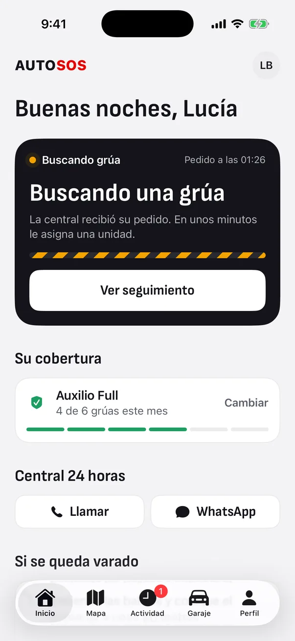 Pantalla de espera mientras la central asigna una grúa